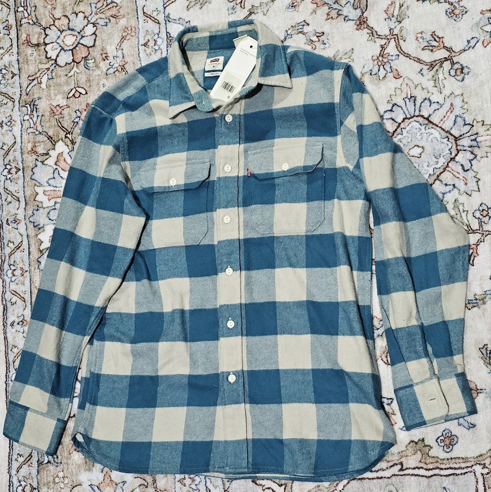 NWT Levi's Womens Flannel Buffalo Plaid Shirt Relaxed Fit Teal Cream Street Wear